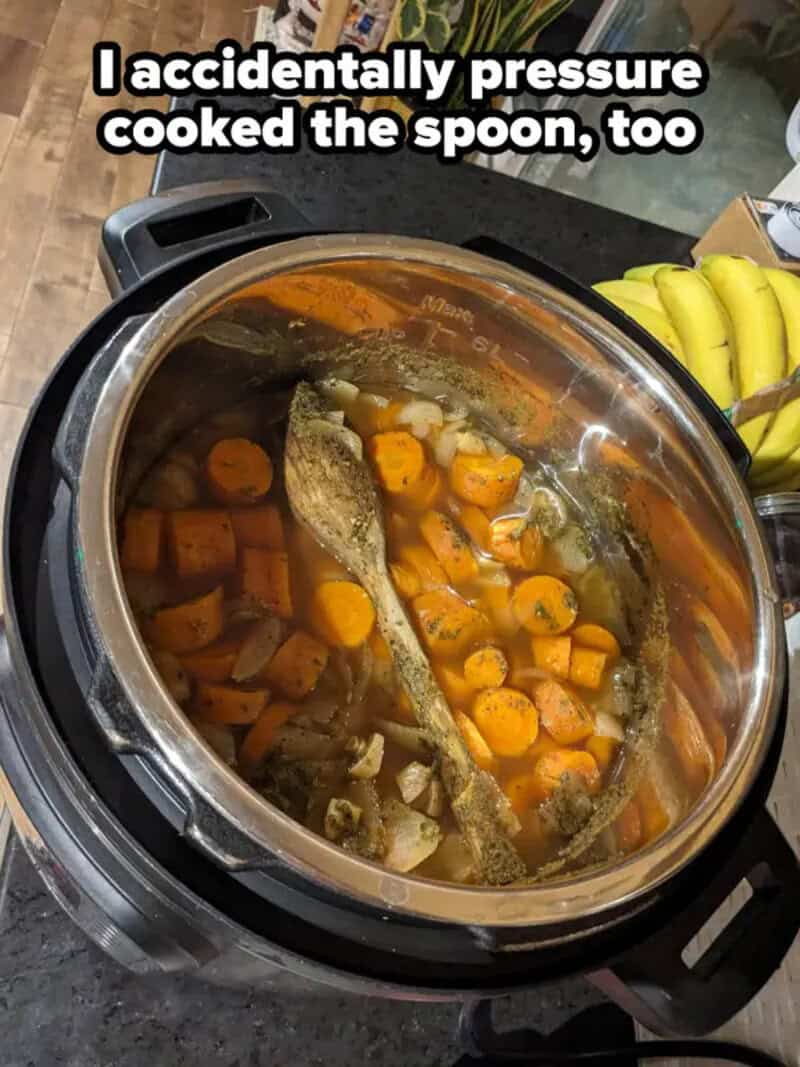 Pressure cooker with carrots and a spoon, caption about pressing the spoon.