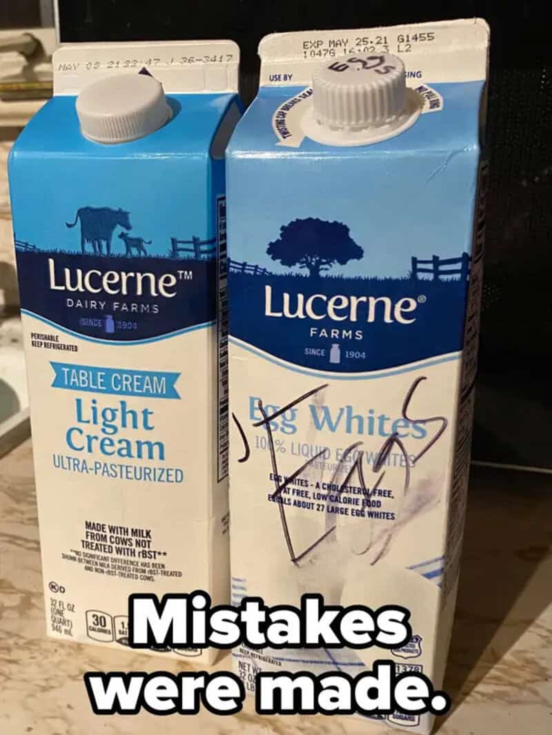 Two cartons of Lucerne dairy products, one light cream and one egg whites, with a 'mistakes were mad.