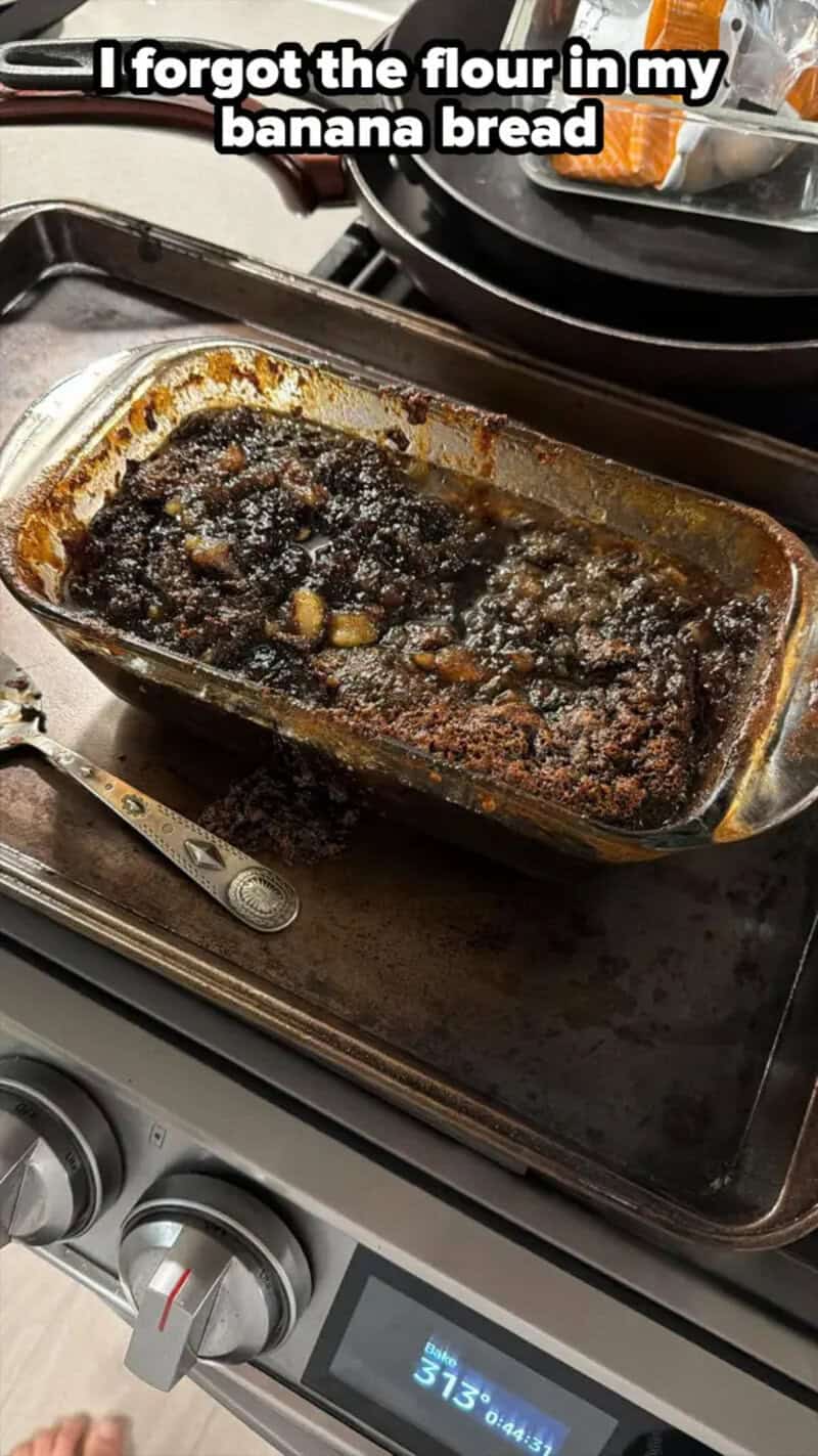 Burnt banana bread in a baking dish with a caption about forgetting the flour.