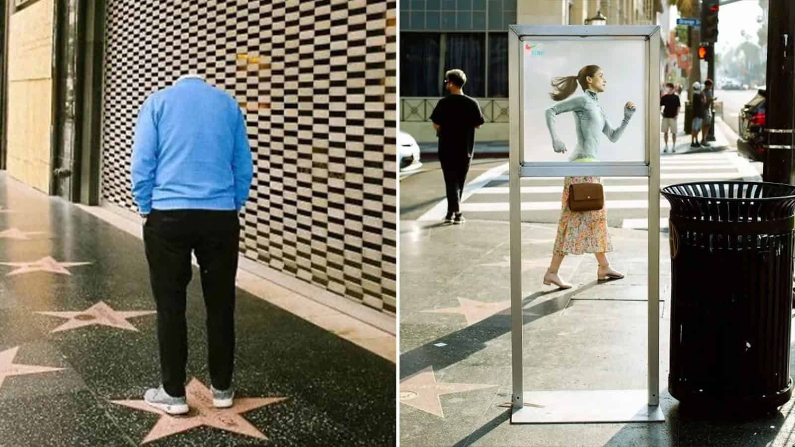 Man with blue sweater standing on star on sidewalk, woman walking past bus stop with mirror.