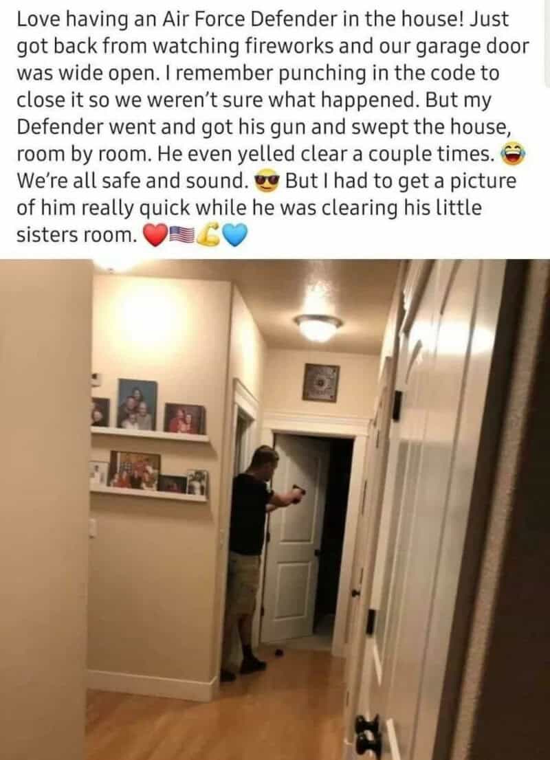 Family with Air Force Defender toy in house, child with gun, funny story.