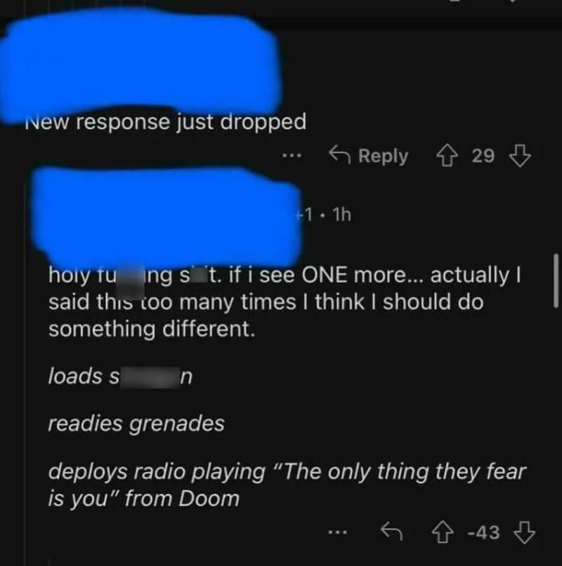 Screenshot of a social media post with humorous comments about gaming and Doom.