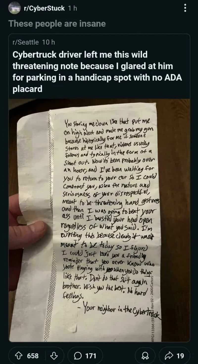 A handwritten note on a piece of paper about a road rage incident involving a cybertruck driver.