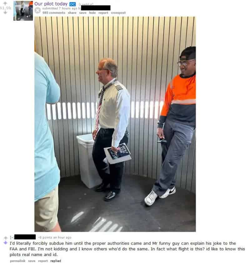 Man in pilot uniform and man in orange jacket waiting in line at airport.