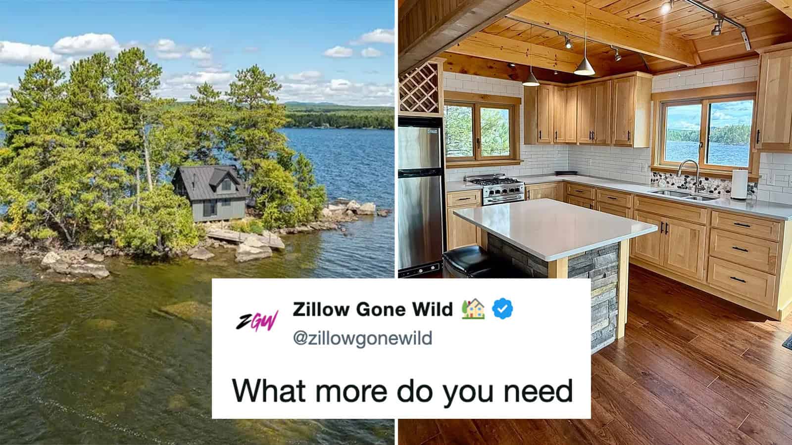 A small house on a rocky island surrounded by water and trees.