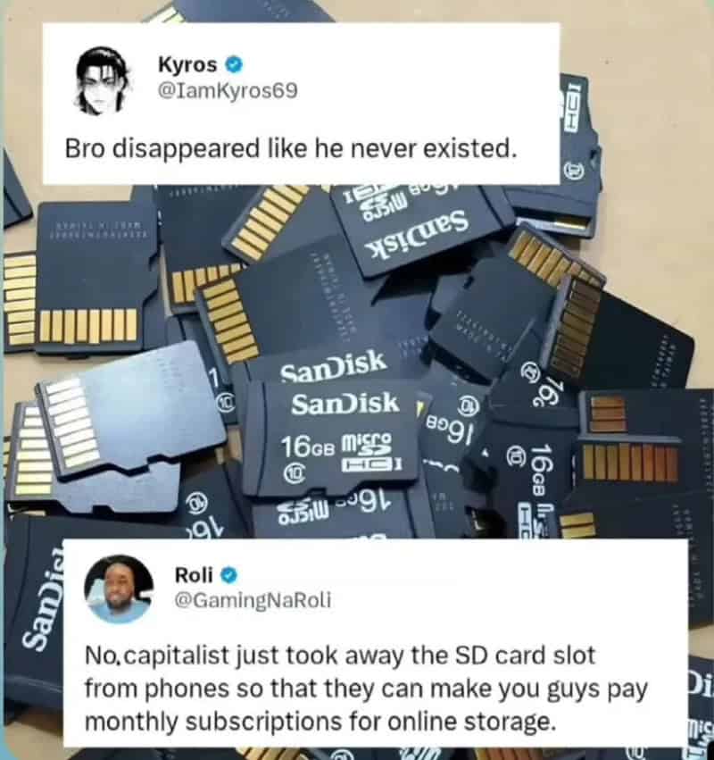 Image of many SD cards with a tweet overlay about SD card disappearance and online storage.