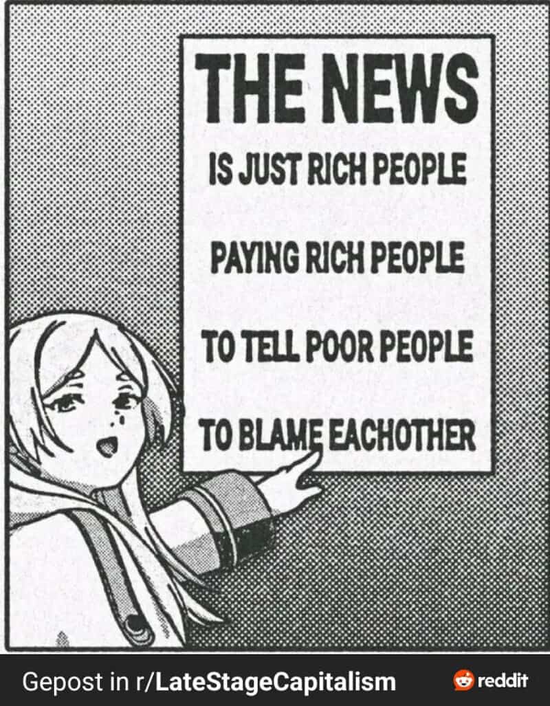 Manga-style girl pointing to a sign about wealth and blame in the news.