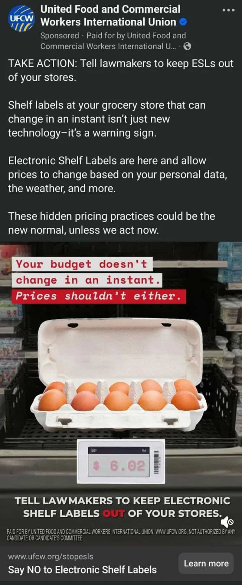 Electronic shelf labels display prices in a grocery store with a sign about price changes.