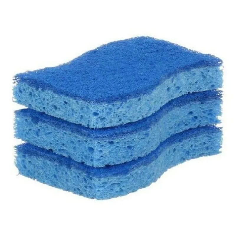 Blue cleaning sponges stacked on top of each other.