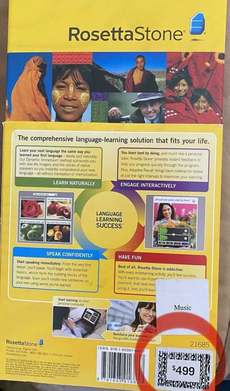 Rosetta Stone language learning software box with images of diverse people and features.