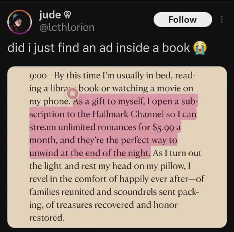 A tweet about finding an ad inside a book, highlighted in pink, with a crying emoji.