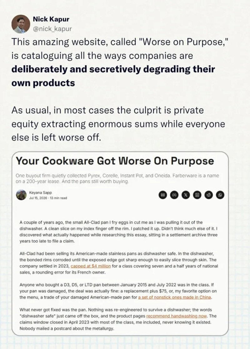 Review of 'Worse on Purpose' website criticizing companies for degrading their own products.