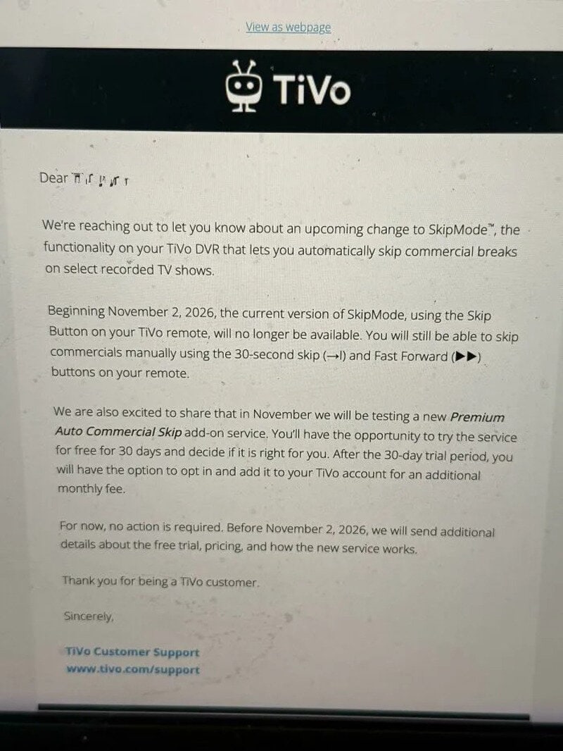 Letter from TiVo about upcoming change to SkipMode and testing new Premium Auto Commercial Skip.