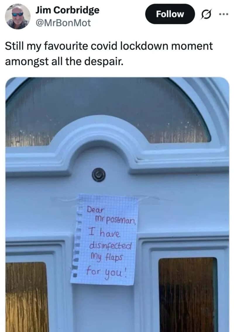 Note on door: Dear Mr Postman, I have disinfected my flaps for you!.