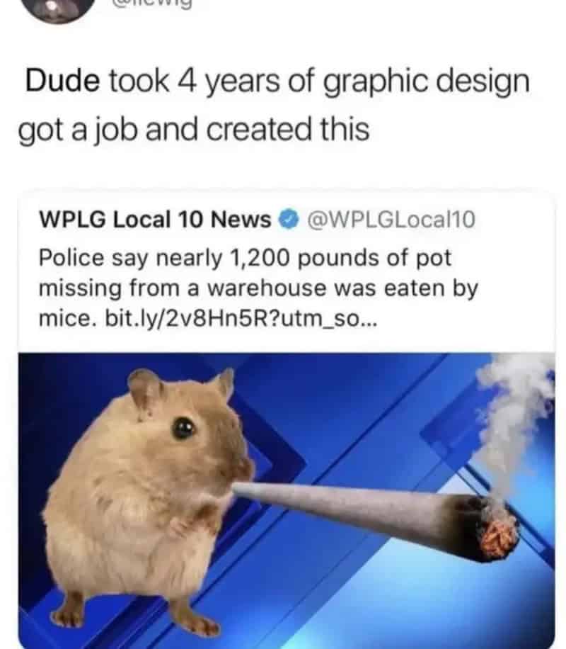 Humorous meme with a mouse holding a large cigarette, referencing a news story.