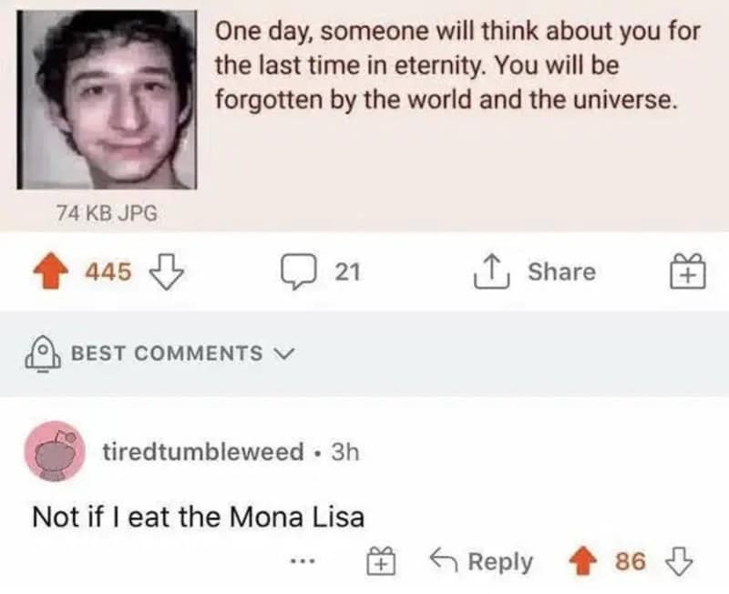 Meme with a man's face and a quote about eternity and the universe.