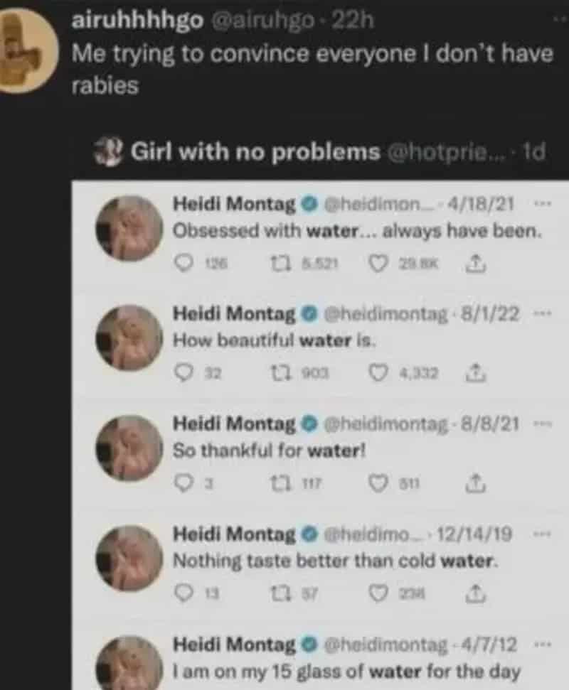 Twitter conversation about water and rabies, with humorous comment about not having rabies.