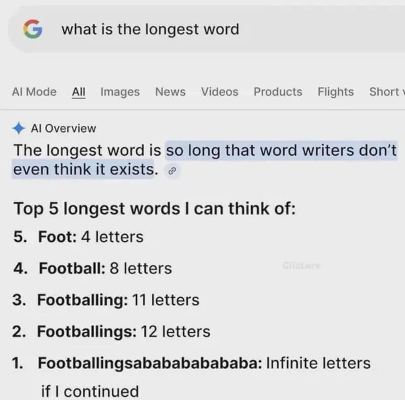 Screenshot of a Google search about the longest word, showing humorous list of long words.