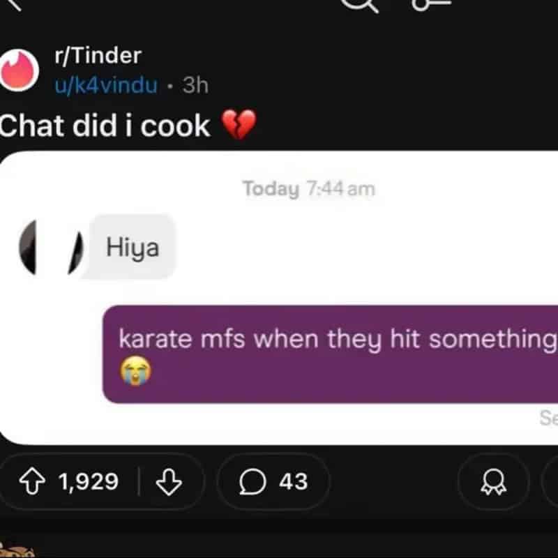 Screenshot of a Tinder chat with a broken heart emoji and humorous messages.