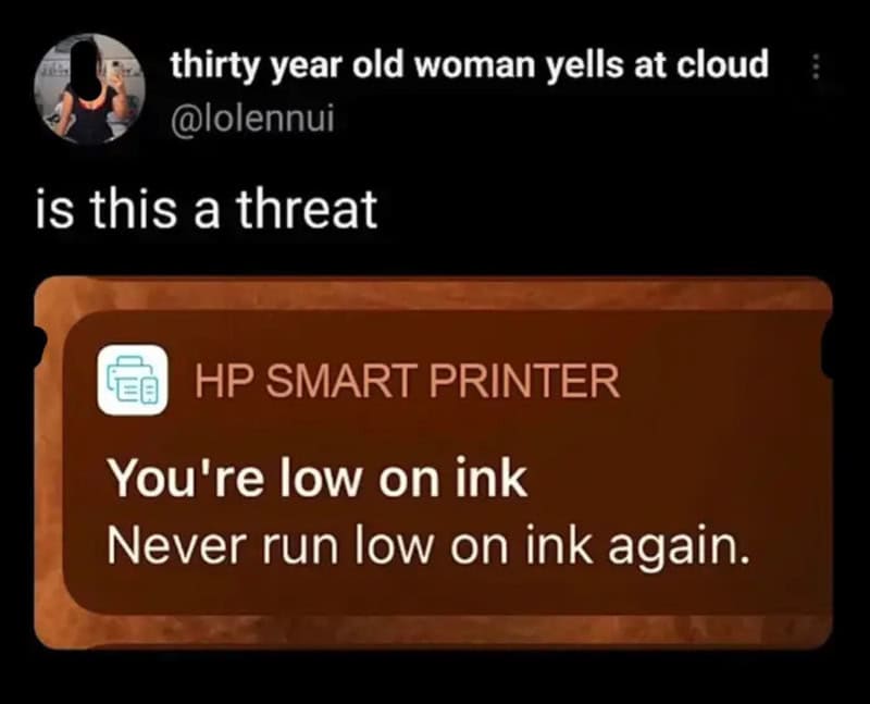 Thirty year old woman yells at cloud, HP smart printer warning about low ink.