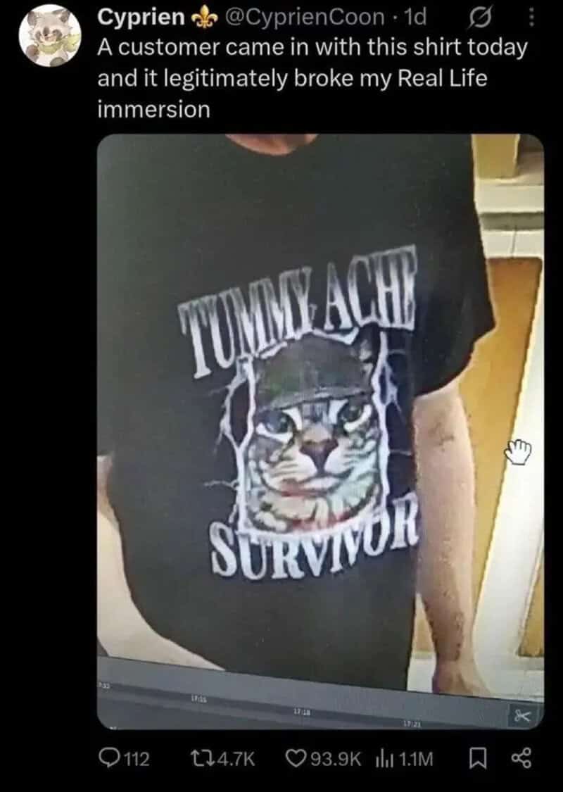 Person wearing a black T-shirt with a cat graphic and 'TUMMACH SURVIVOR' text.