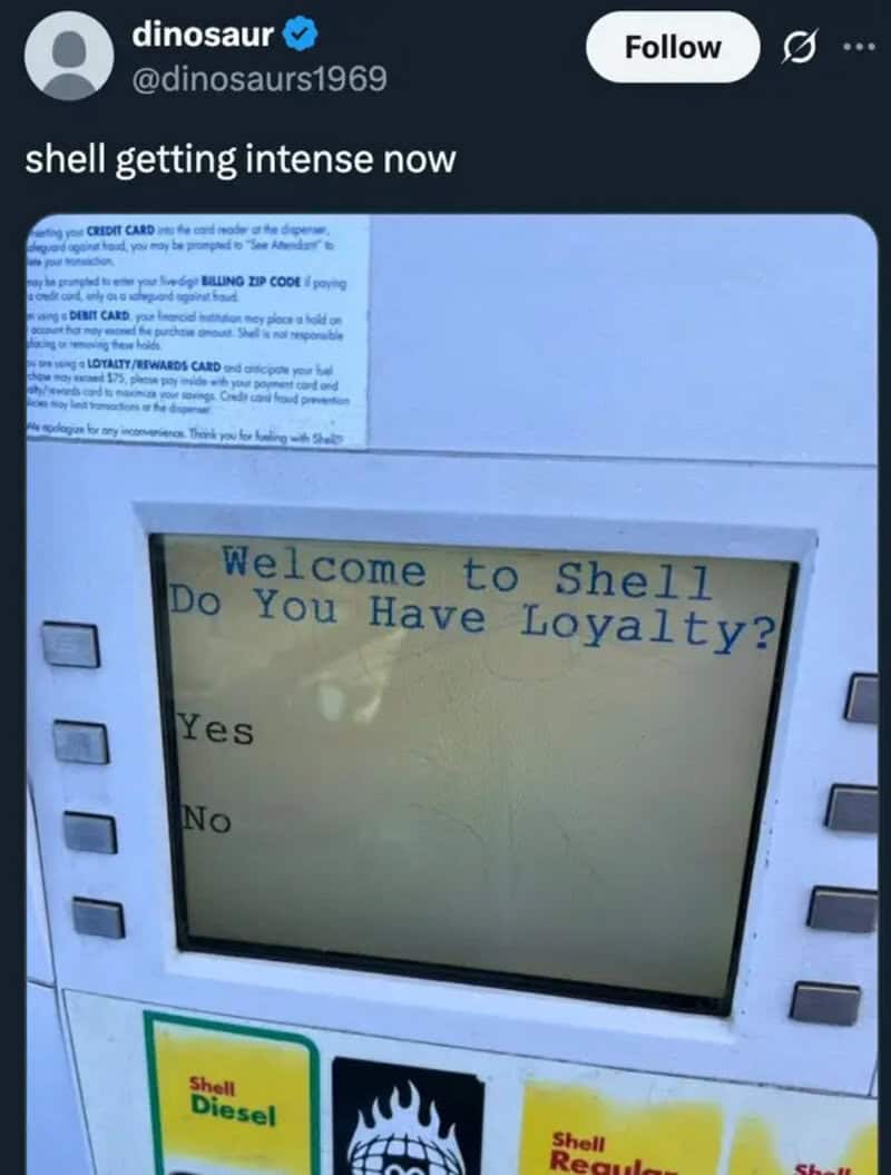 Shell ATM asking loyalty question with options Yes or No.