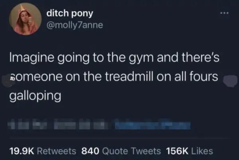 Twitter post about someone on treadmill at gym with four galloping horses.