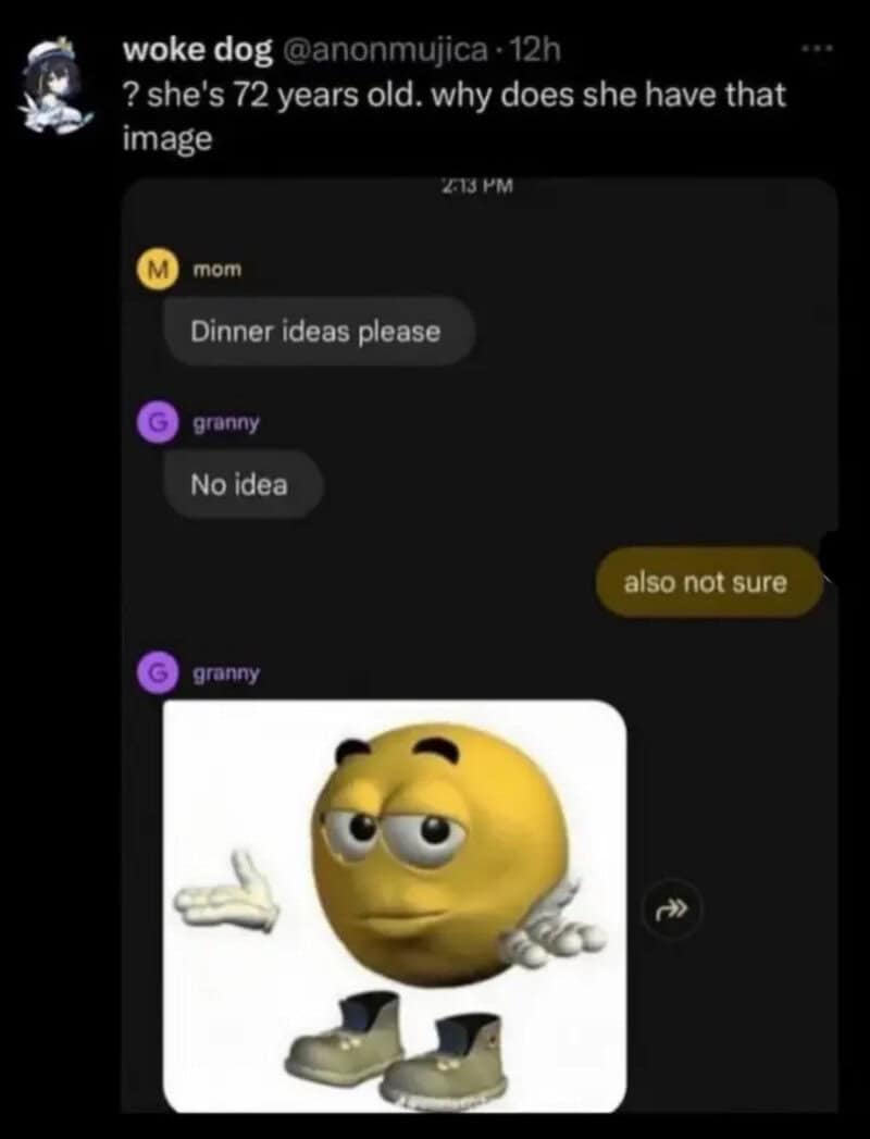 Funny chat about dinner ideas with a meme of a yellow emoji with shoes.