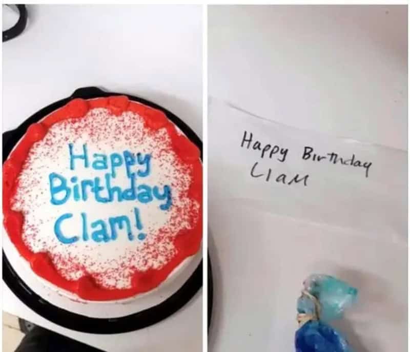 Birthday cake with blue and red icing, and a note saying 'Happy Birthday Liam'.