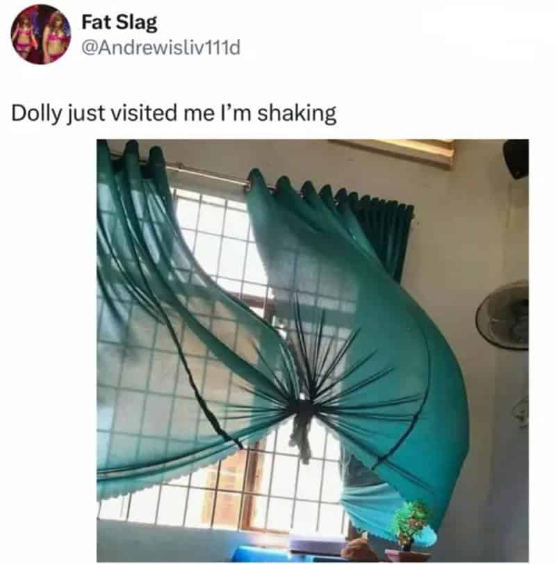 Dolly's visit caused the curtain to shake and curl.