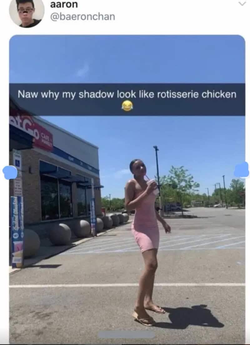 Woman in pink dress in parking lot with caption about shadow looking like rotisserie chicken.