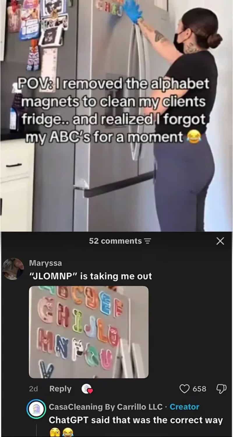 Woman cleaning fridge with magnetic letters on it, funny meme about forgetting ABCs.