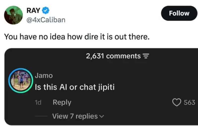 Twitter post showing a comment asking if AI or chat jipiti.