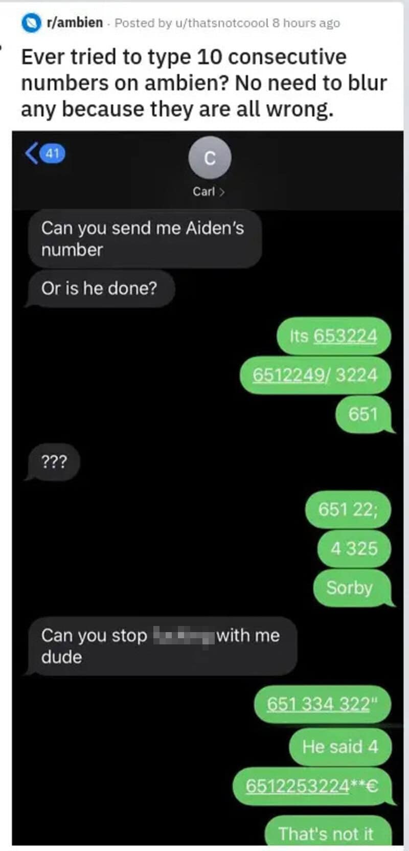 Text conversation about typing numbers on a phone, with humorous responses.
