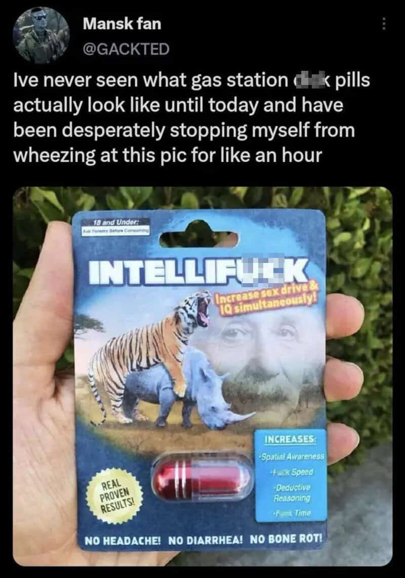 Fake gas station pills labeled 'INTELLIFUCK' with a tiger and elephant on the packaging.