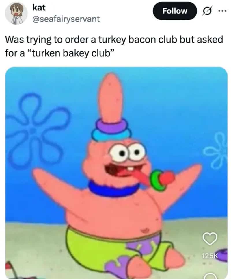 SpongeBob with a turkey hat, asking for 'turken bakey club' in a meme.