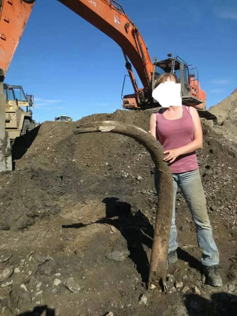 Person with face obscured holding a large, rusty pipe at a construction site.