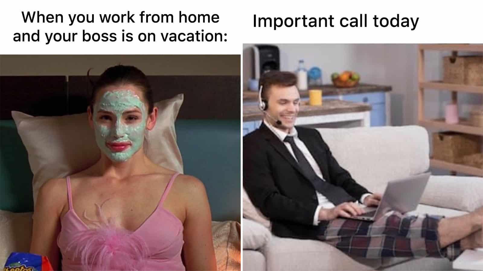 Woman with face mask at home, man on video call at work.