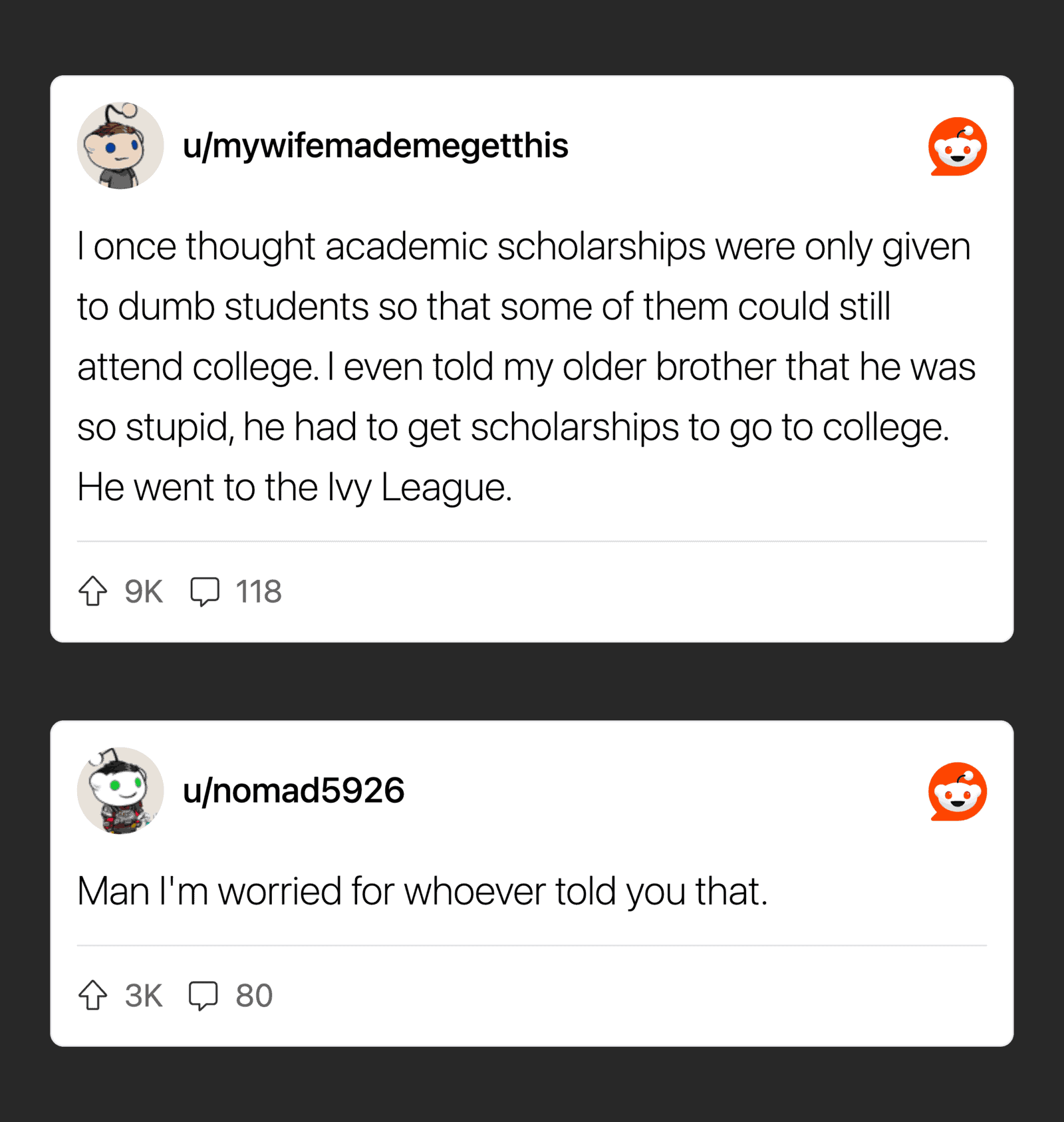 Reddit comments about childhood beliefs, including scholarships and Ivy League.