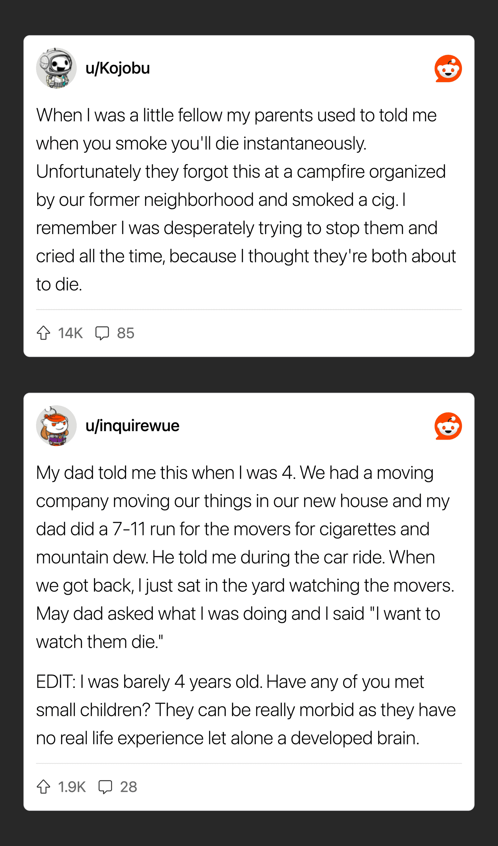 Two Reddit posts about childhood beliefs, one about smoking and one about moving.