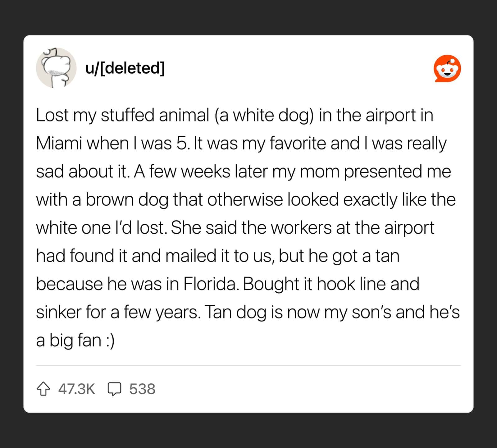 A Reddit post about a lost stuffed animal, a white dog, at Miami airport.