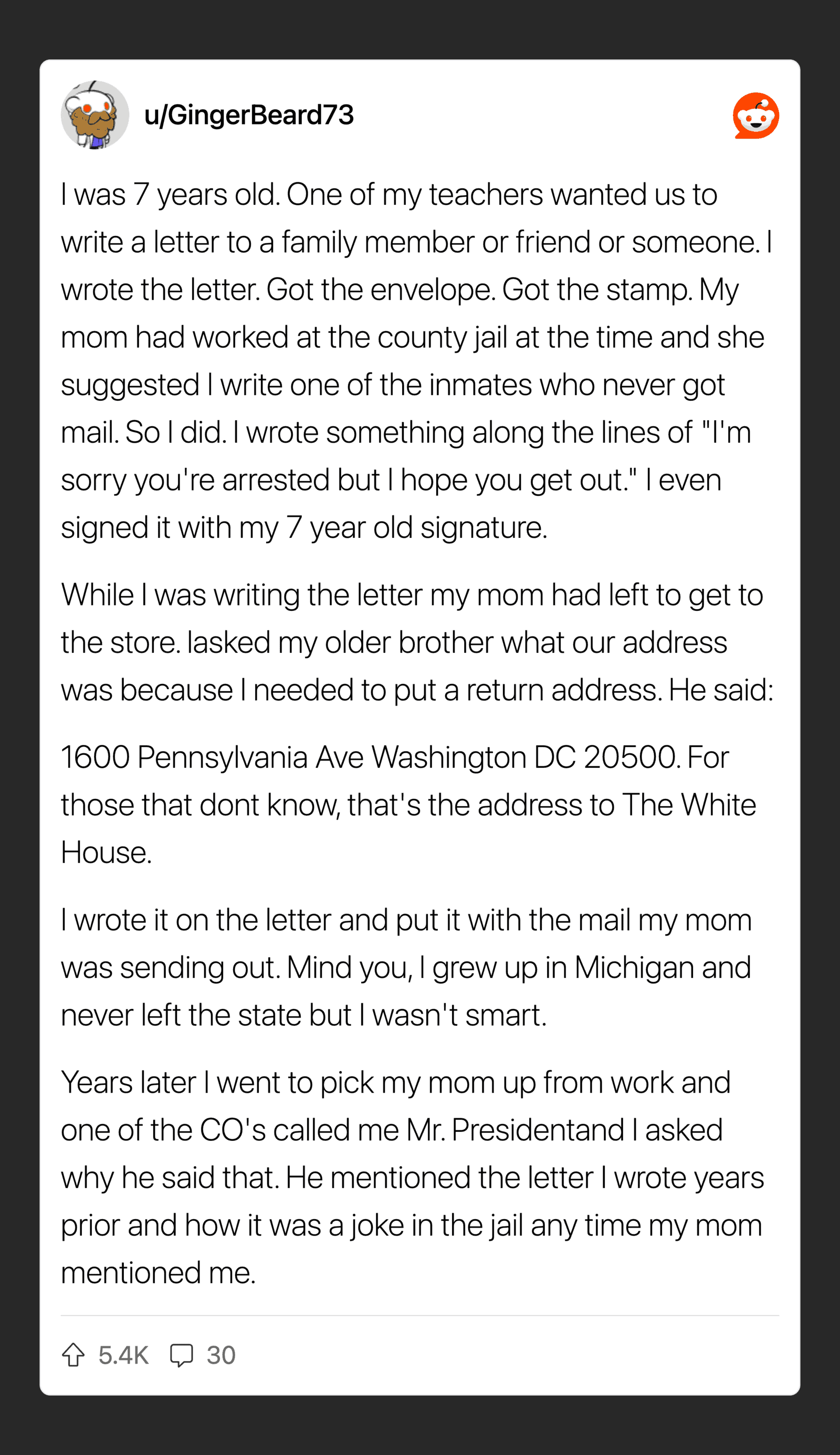 Child's letter to the White House about a mistaken arrest, signed with a 7-year-old's signature.