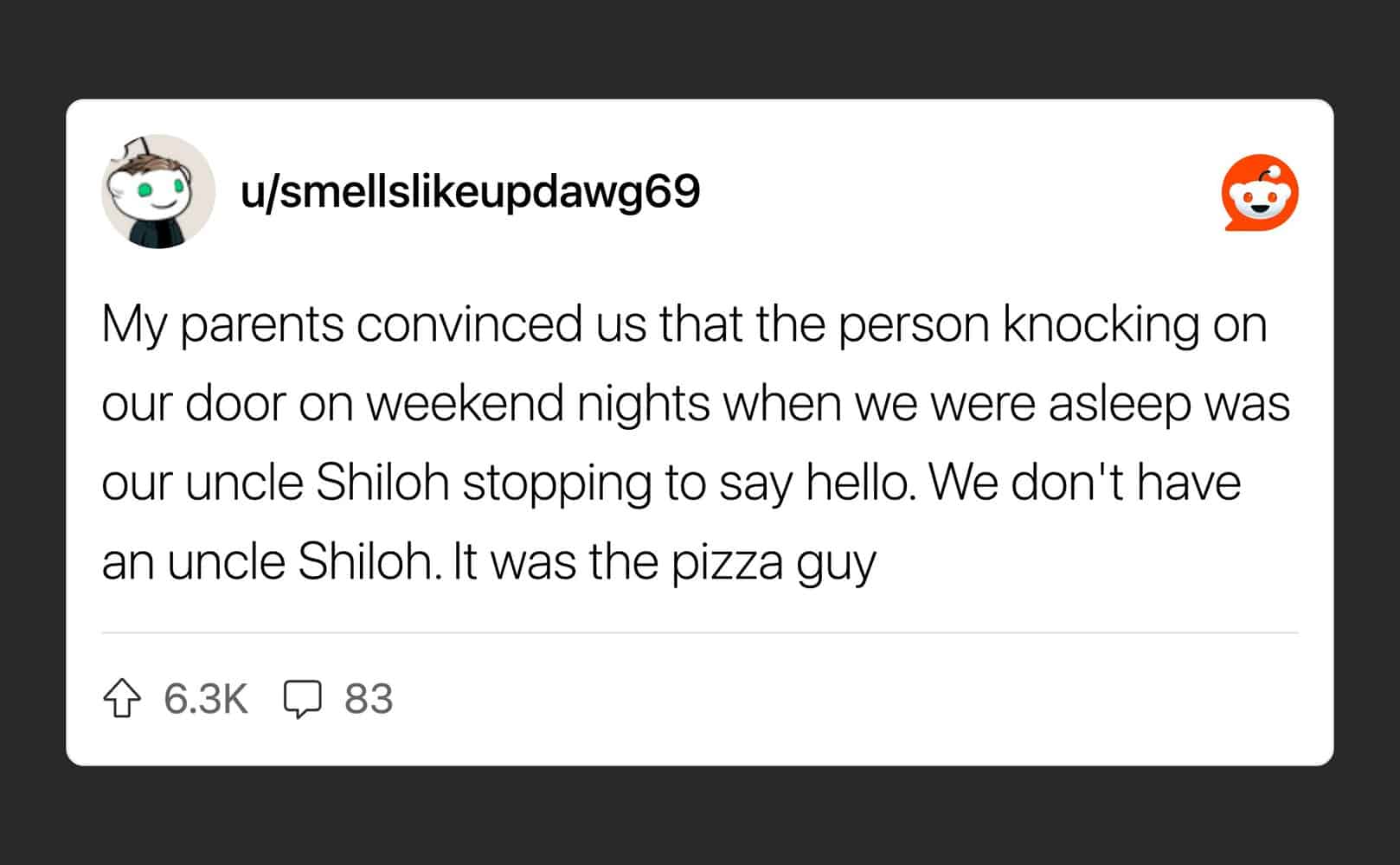 Reddit post about a kid believing the pizza guy was their uncle Shiloh.