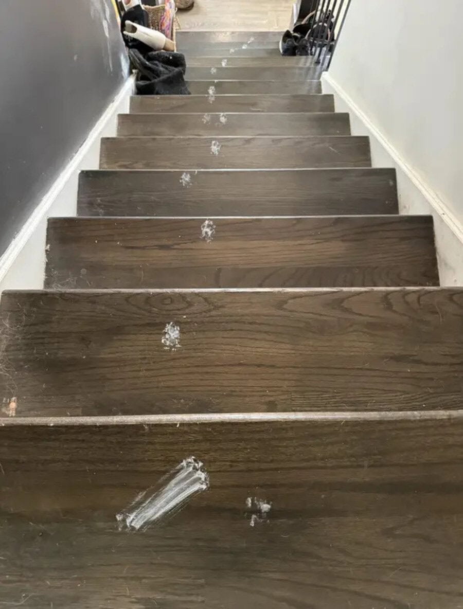 Footprints on wooden staircase with black shoes at the top.