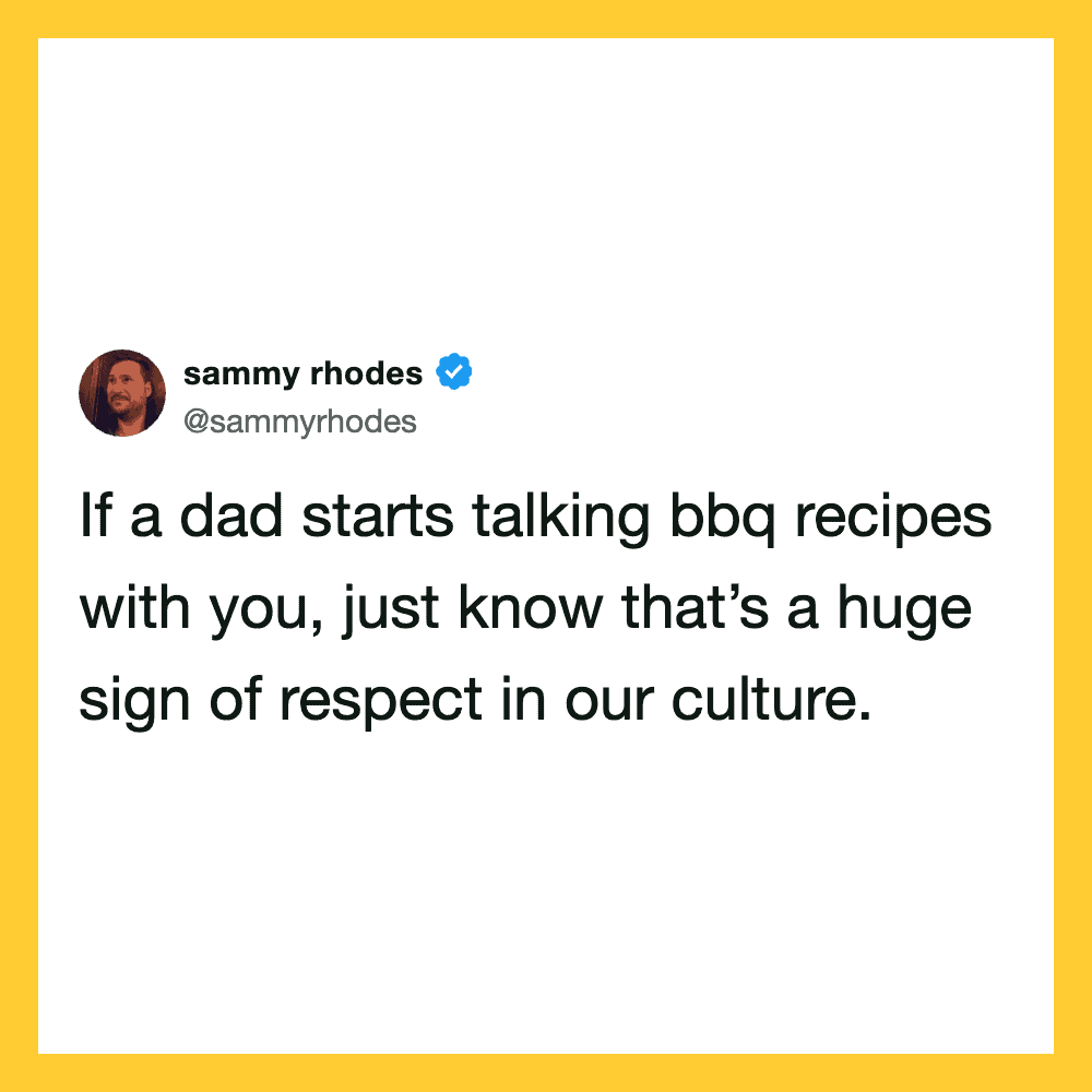 Sammy Rhodes tweet about respect in culture, mentioning dads talking BBQ recipes.