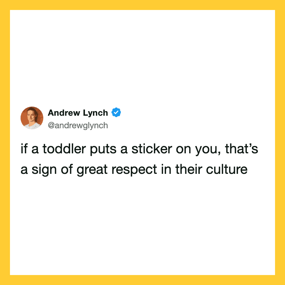 Andrew Lynch tweet about toddler respecting by putting a sticker on you.