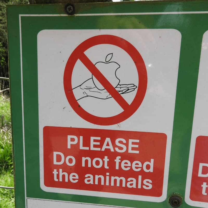 Sign with a hand holding an apple crossed out, and text 'PLEASE Do not feed the animals'.
