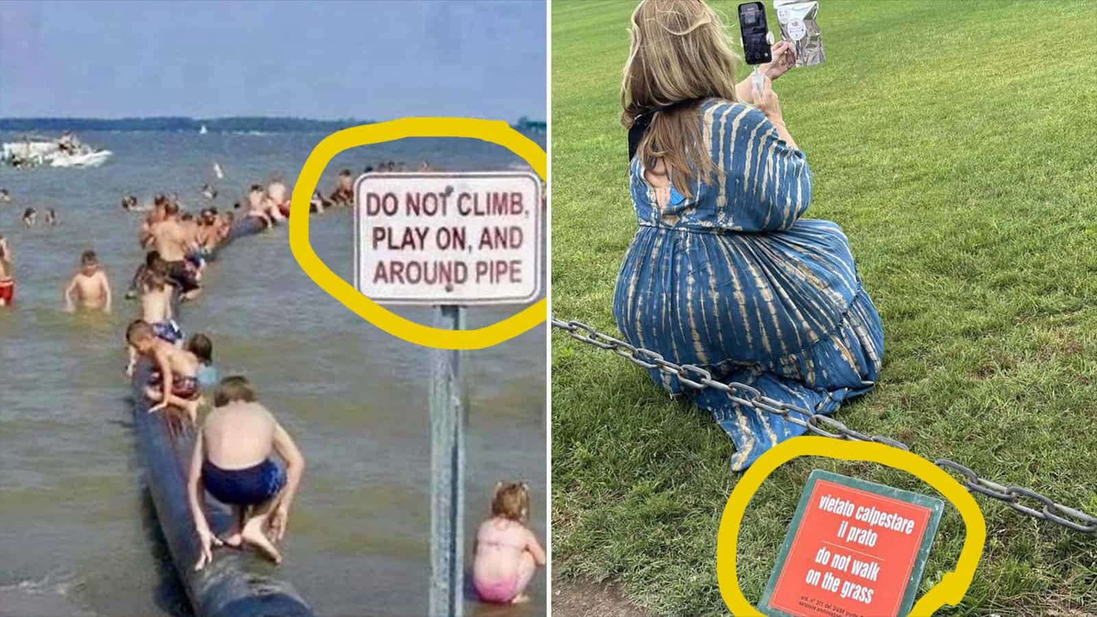 Sign says 'Do not climb, play on, and around pipe' at a crowded beach.