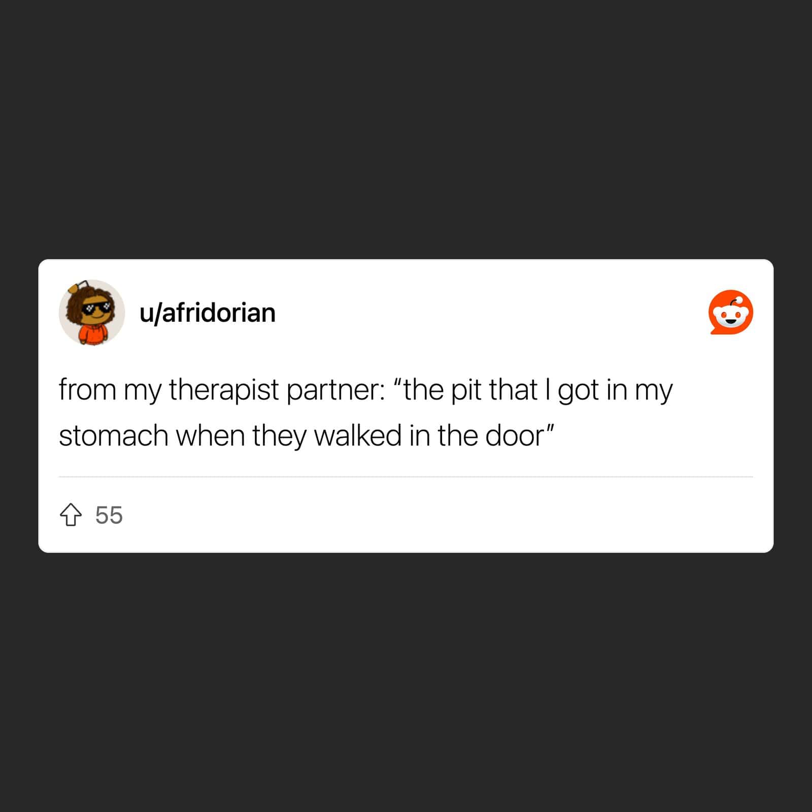Therapist's quote about stomach pit when walking in the door.