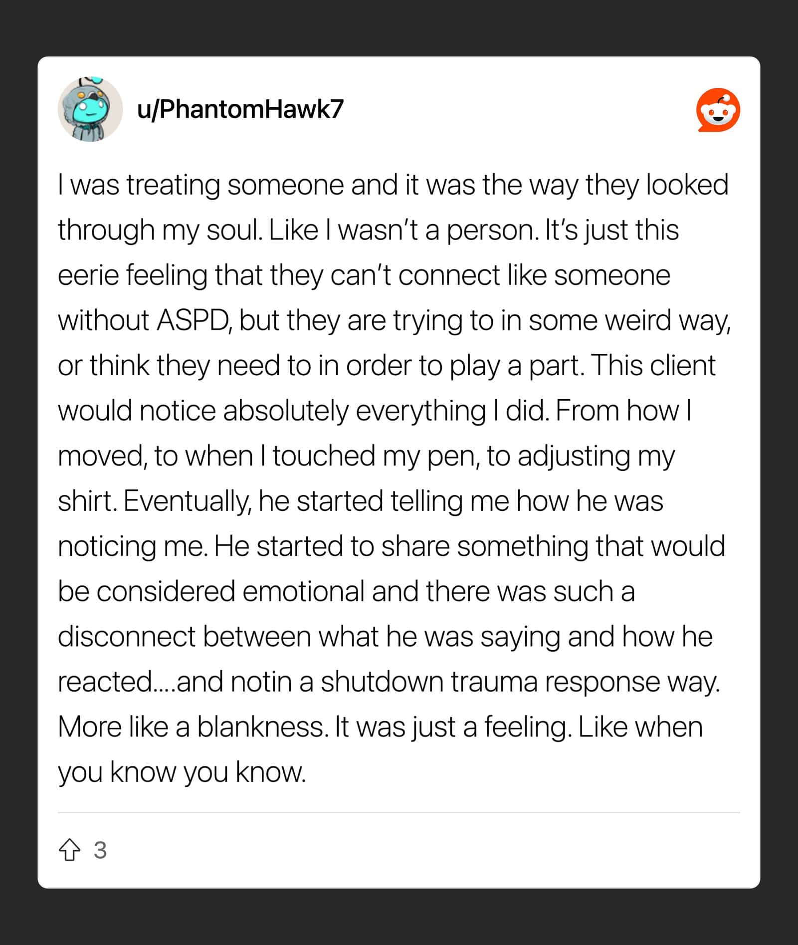 Therapist describes feeling a disconnect and emotional blankness during client session.